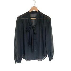 Vtg Gemilli Black Sheer Button Front Tie-Neck Blouse Size 5/6 Long Sleeve Office